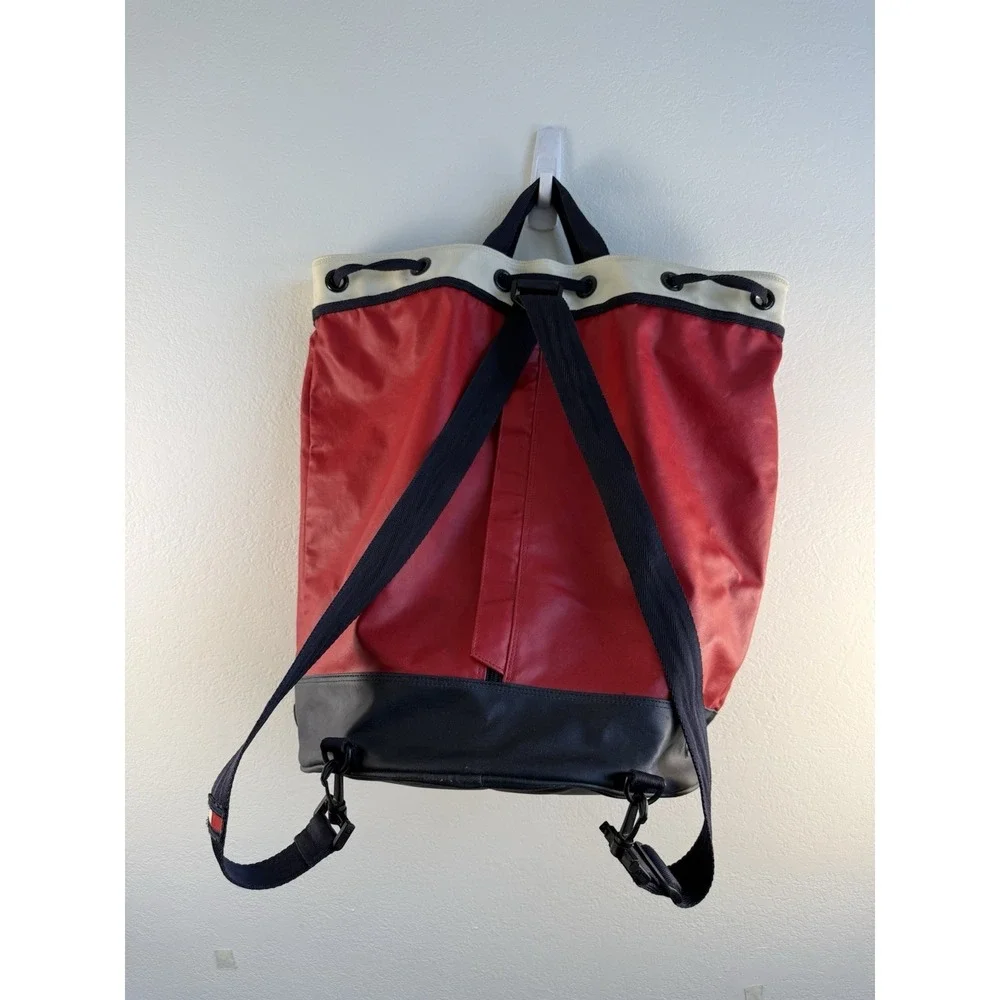 Vintage RARE Tommy Hilfiger Drawstring Backpack Red Navy Canvas Large Duffle Bag